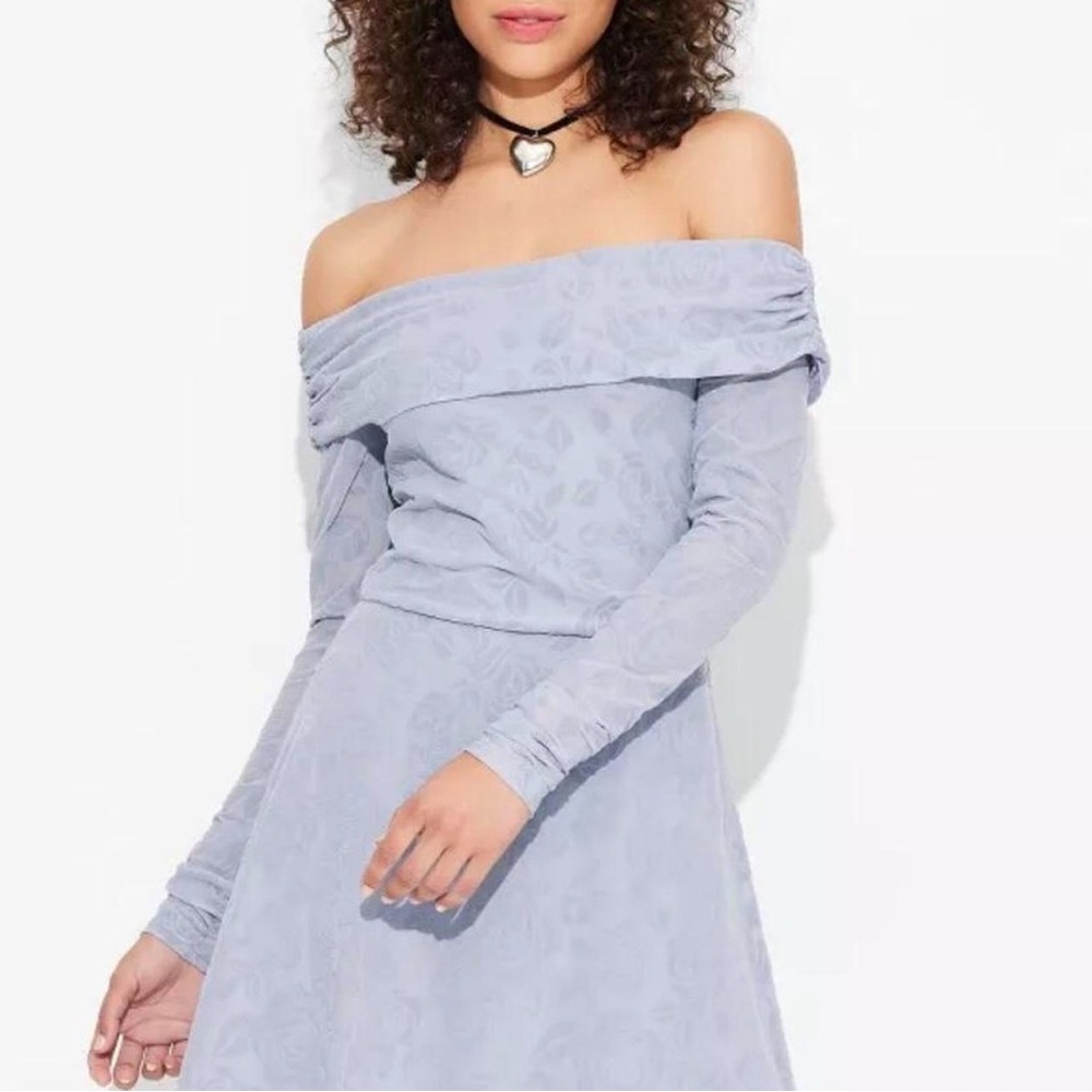 Wild Fable Light Blue Floral Textured Off-the-Shoulder Dress